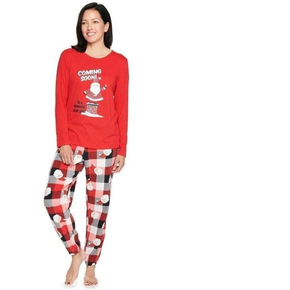 Womens Christmas Pajamas Medium Santa Coming Soon Red Plaid Top & Fleece Pants - Picture 1 of 8